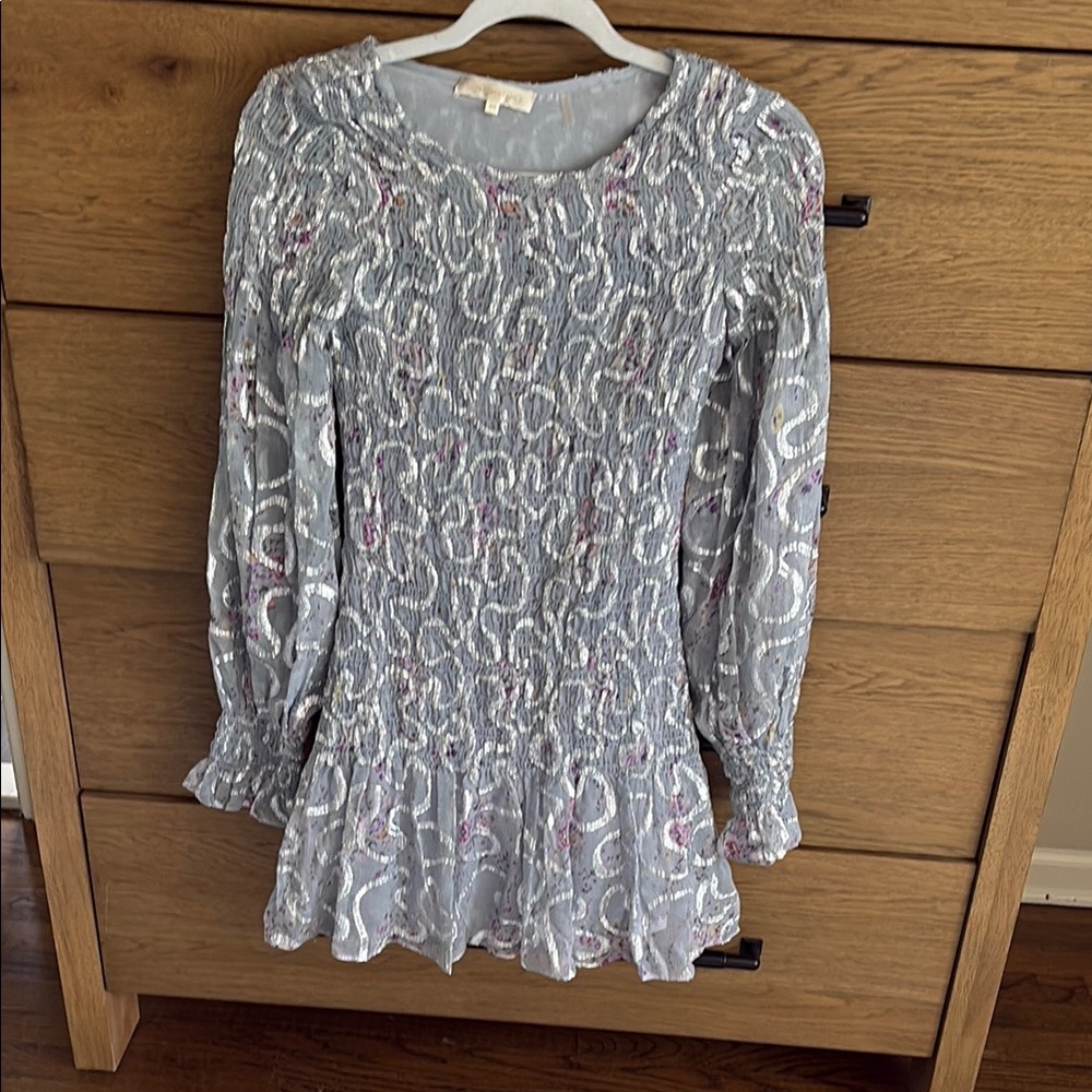 LoveShackFancy Gray and Pink Mini Dress